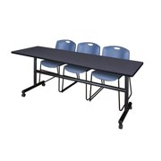 Kobe 84" Flip Top Mobile Training Table- Grey & 3 Zeng Stack Chairs- Blue