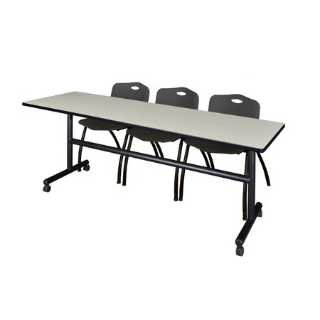 Regency Kobe 84 x 24 in. Flip-Top Training Nesting Table- Maple, 2 M Stack Chairs- Black