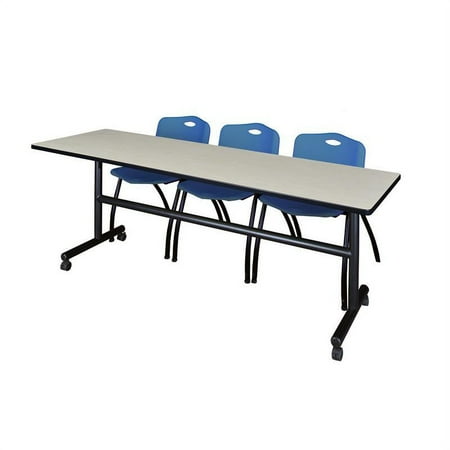 Kobe 84" Flip Top Mobile Training Table- Maple & 3 'M' Stack Chairs- Blue