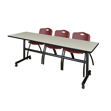 Regency Kobe 84 x 24 in. Flip-Top Training Nesting Table- Maple, 2 M Stack Chairs- Burgundy