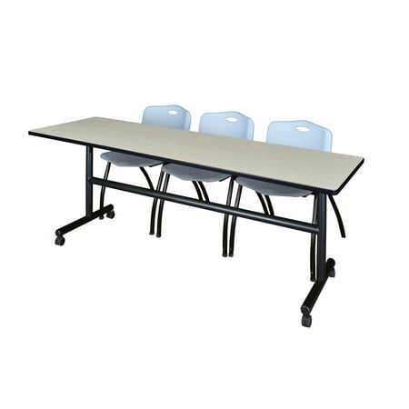 Regency Kobe 84 x 24 in. Flip-Top Training Nesting Table- Maple, 2 M Stack Chairs- Grey