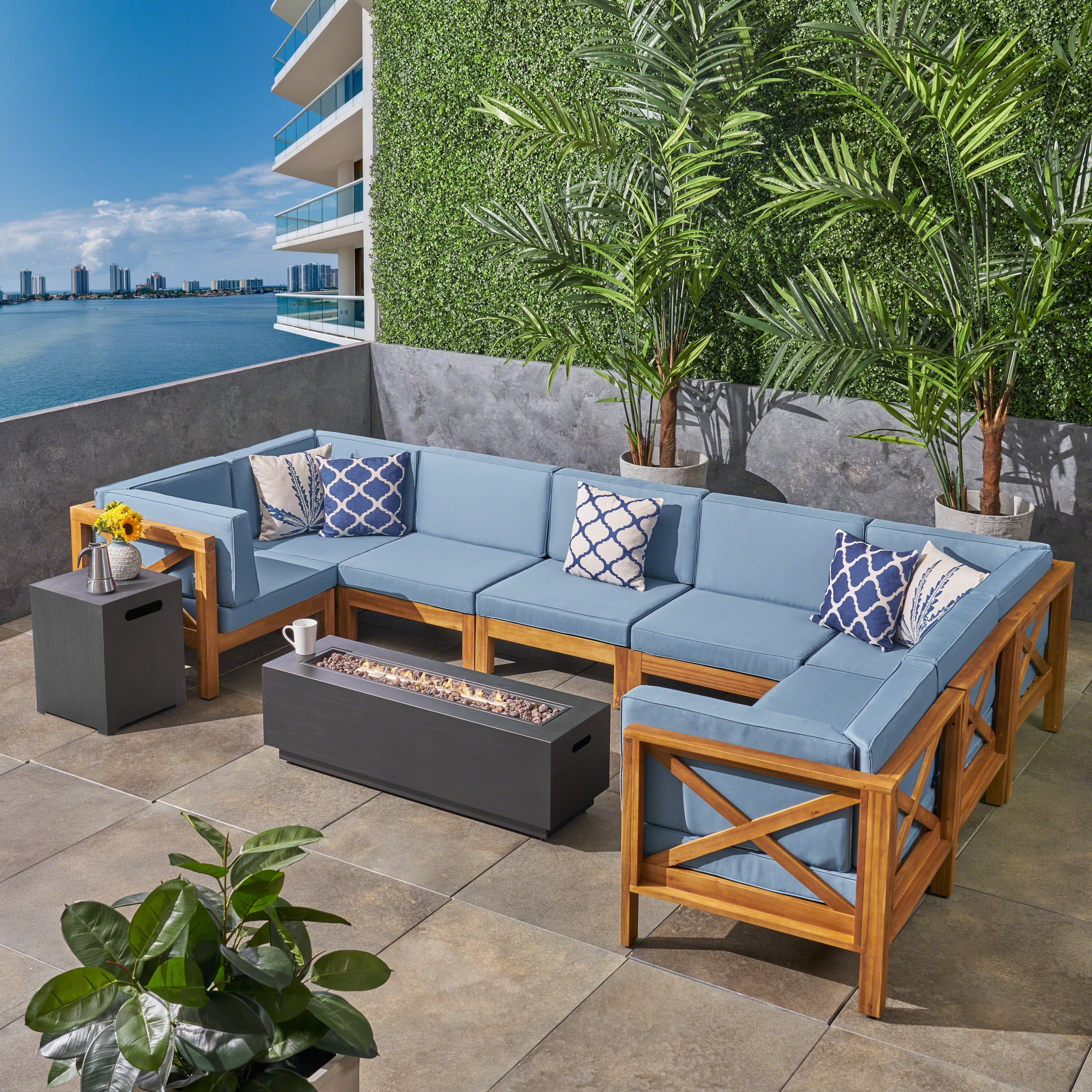 Kobe Outdoor 10 Piece Acacia Wood Sectional Sofa Set with Cushions and Fire Pit, Teak, Blue, Dark Gray