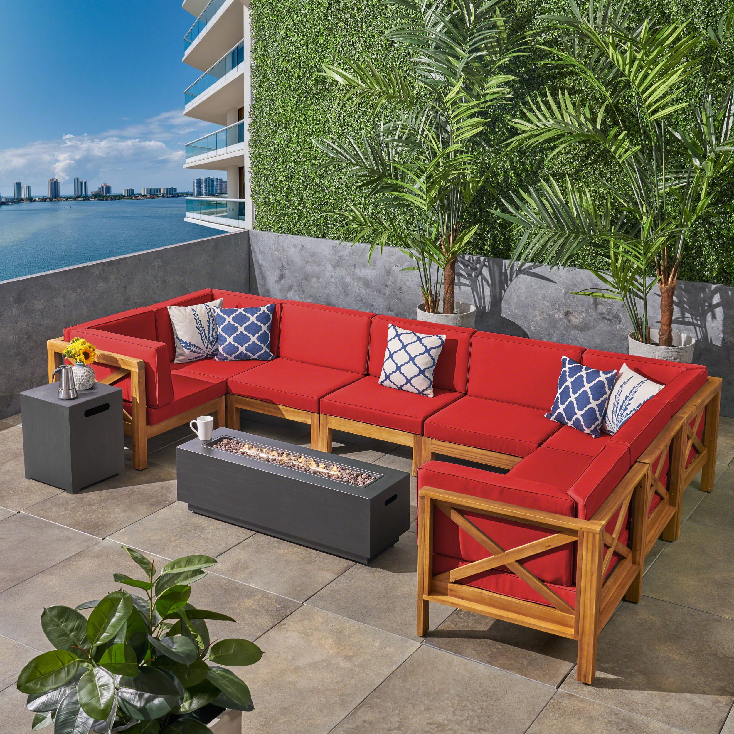 Kobe Outdoor 10 Piece Acacia Wood Sectional Sofa Set with Cushions and Fire Pit Teak Red Dark Gray Walmart