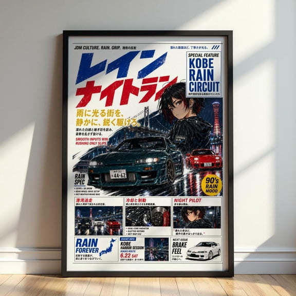 Kobe Rain Circuit Jdm Poster Japanese Street Racing Wall Art Anime Drift Car Print Retro Tuner Magazine Decor