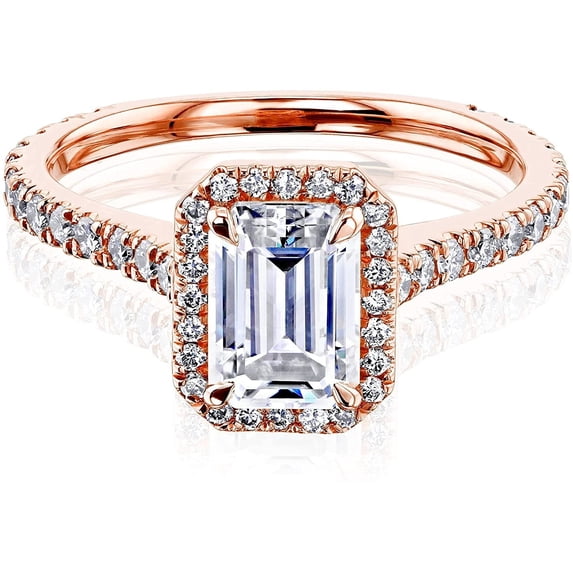 Kobelli 14k Gold Emerald Cut Forever One Moissanite Halo Engagement Ring DEF/VS, DEF/VS