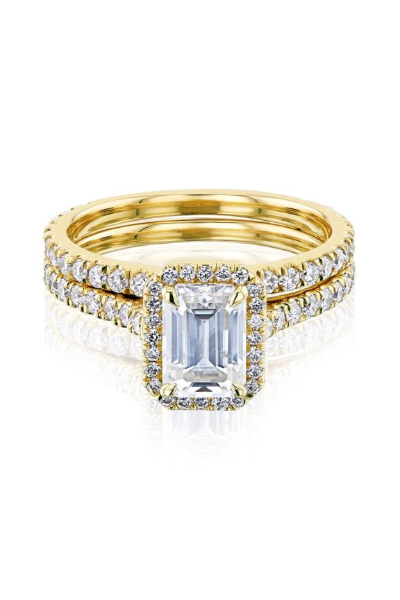 14k Gold Emerald Cut Moissanite Halo Bridal Set GH/VS, DEF/VS