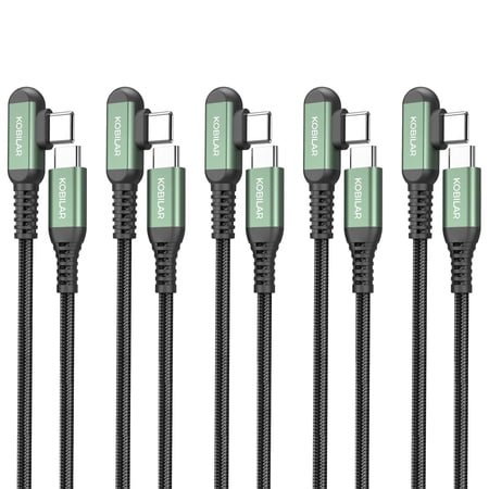 Kobilar USB C to USB C Cable Right Angle 90 Degree Nylon 60W Type C Fast Charging Cord for iPhone 16, Samsung Galaxy S25-5pack-1.5+5+10ft,green
