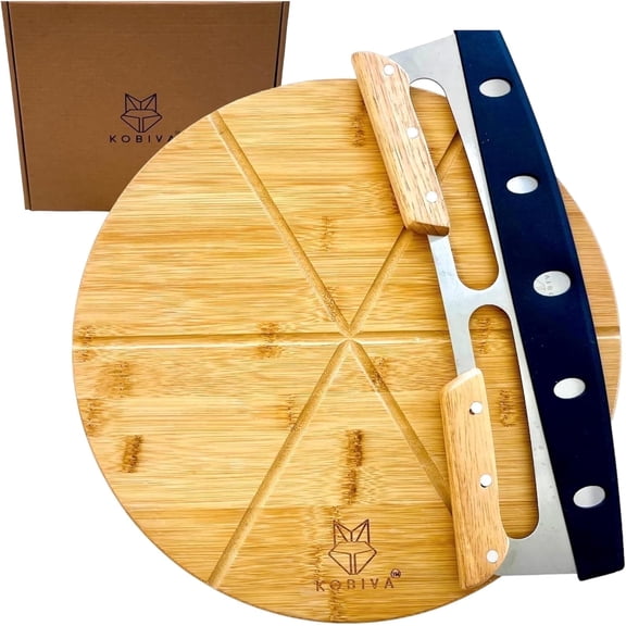 Kobiva Bamboo Pizza Board & Rocker Cutter Set | 14" Dual-Grip