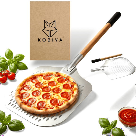 Kobiva Professional Aluminum Pizza Peel with Detachable Wooden Handle, 14 x 12 in Perforated Paddle, Non-Stick Anodized Pizza Shovel for Oven & Grill