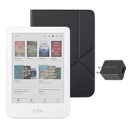 قارئ إلكتروني ملون من Kobo Clara باللون الأبيض مع غطاء نوم أسود وحزمة تكييف