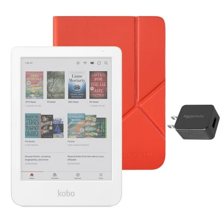 Kobo Clara Colour eReader White with Cayenne Red SleepCover Case & AC Bundle