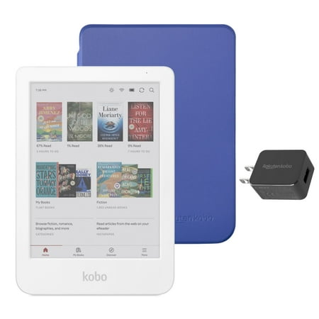 Kobo Clara Colour eReader White with Cobalt Blue Basic SleepCover Case & AC Bundle