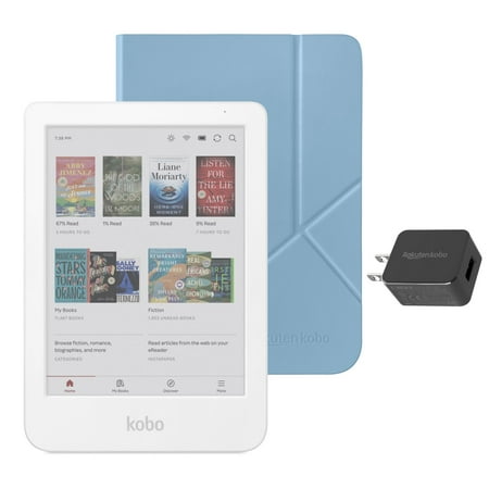 Kobo Clara Colour eReader White with Dusk Blue SleepCover Case & AC Bundle