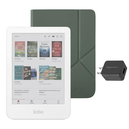 Kobo Clara Colour eReader White with Misty Green SleepCover Case & AC Bundle