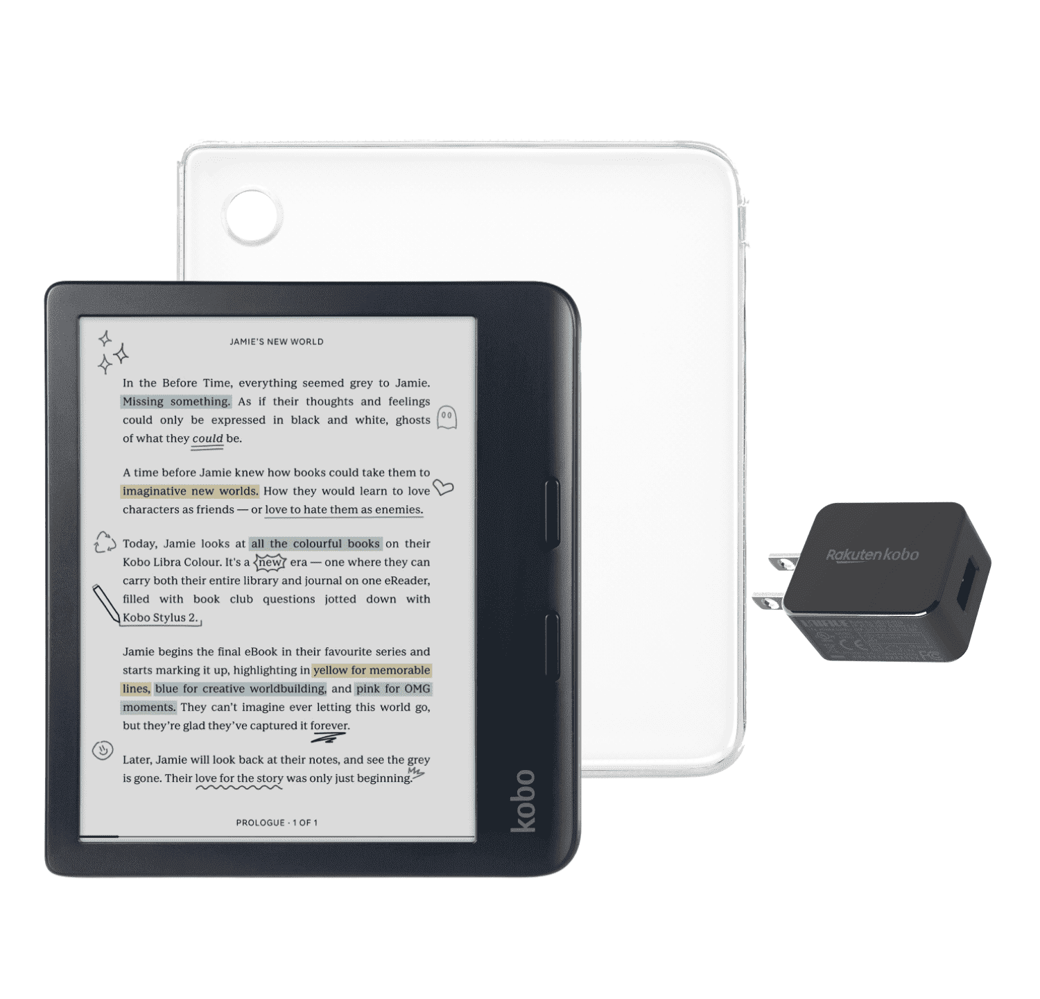 Kobo Libra Colour Black eReader with Case Bundle (Clear Case, Case