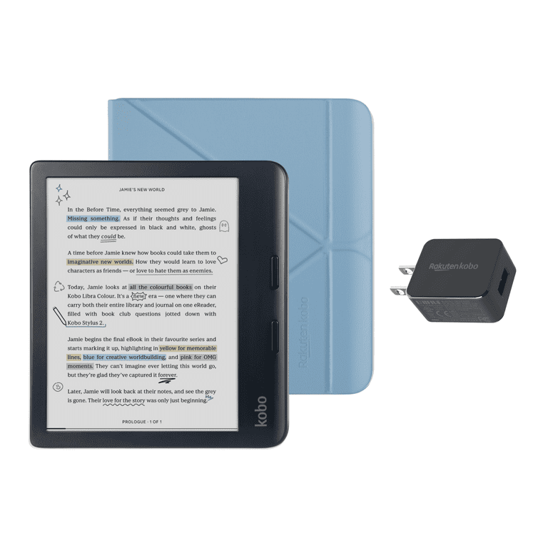 Kobo Libra Colour Black eReader with Case Bundle (Dusk Blue SleepCover,  Case + AC)