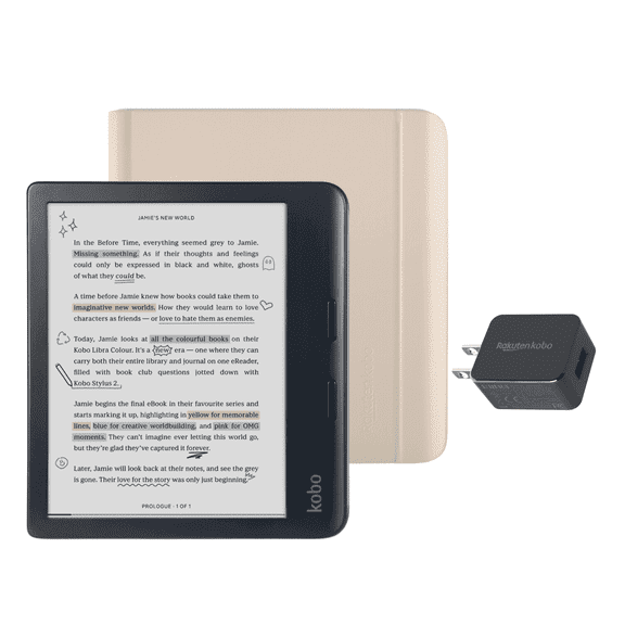 Kobo Libra Colour Black eReader with Case Bundle (Sand Beige Notebook SleepCover, Case + AC Bundle)