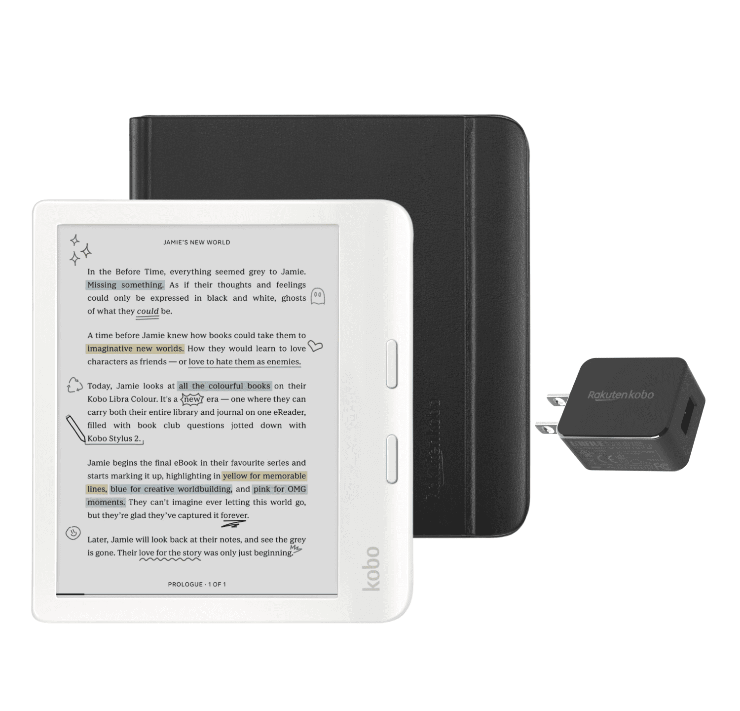 Kobo Libra Colour White eReader with Clear Case & AC Bundle
