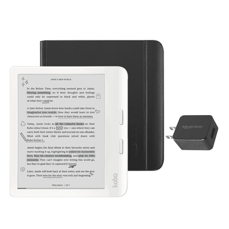 Kobo Libra Colour White eReader with Case Bundle (Black Notebook SleepCover, Case + AC Bundle)