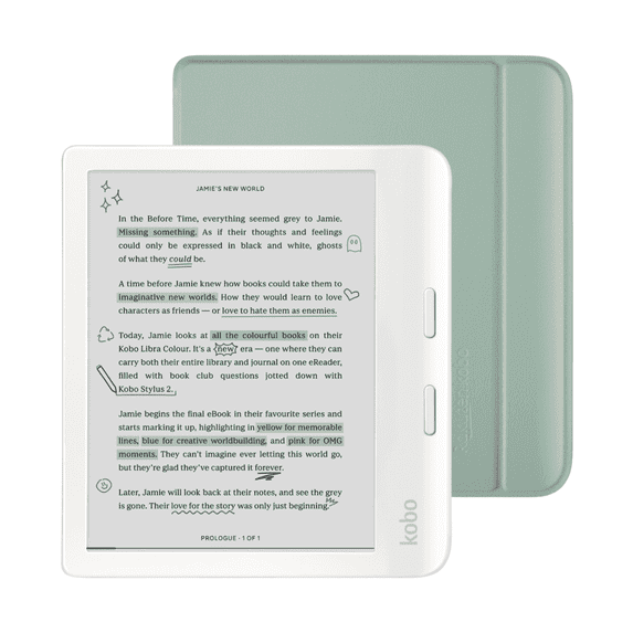 Kobo Libra Colour White eReader with Case Bundle (Garden Green Basic SleepCover, Case Bundle)