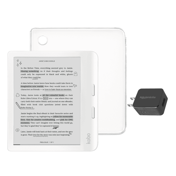 Kobo Libra Colour White eReader with Clear Case & AC Bundle