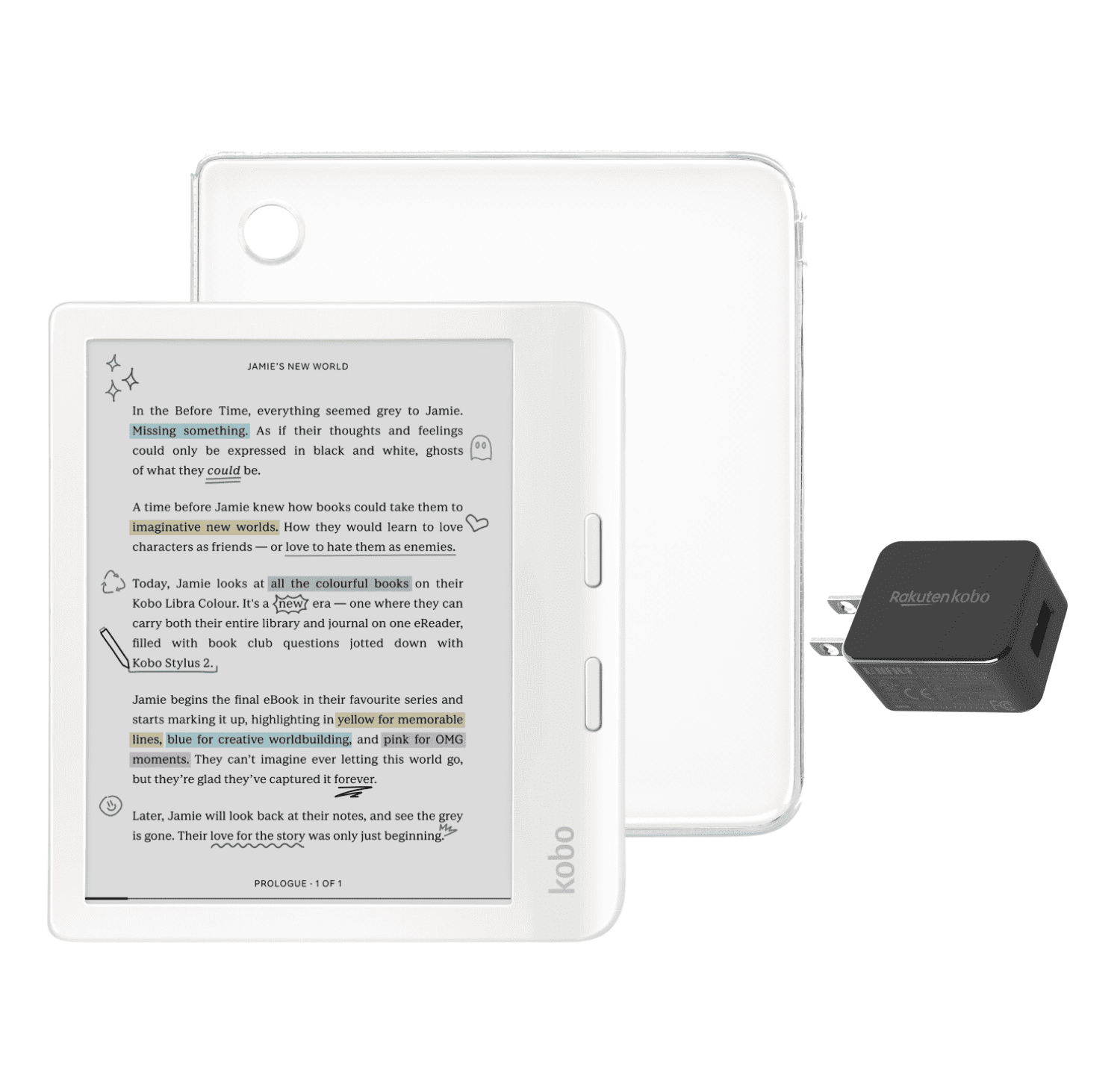 Kobo Libra Colour White eReader with Clear Case & AC Bundle