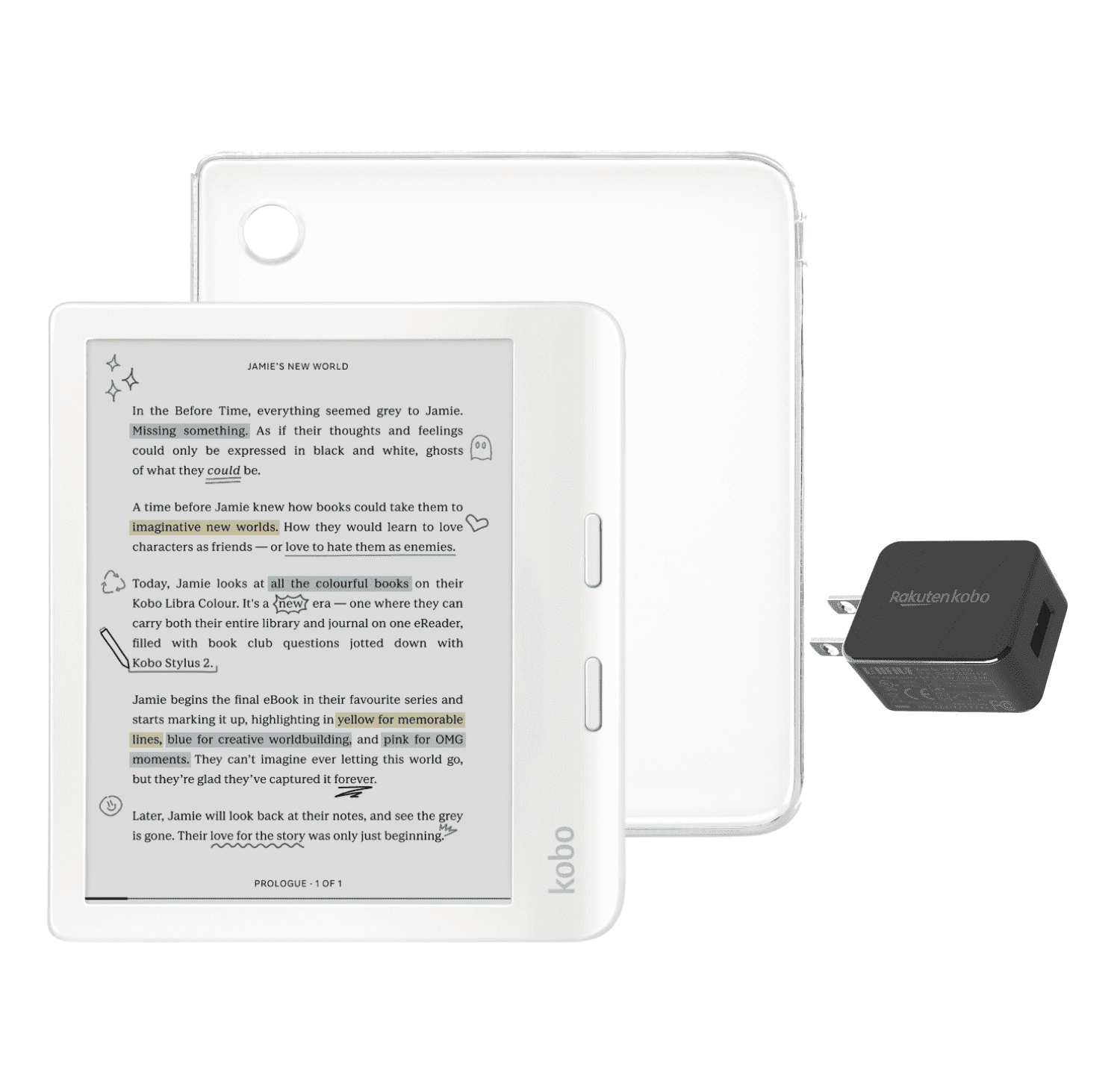 Kobo Libra Colour White eReader with Clear Case & AC Bundle