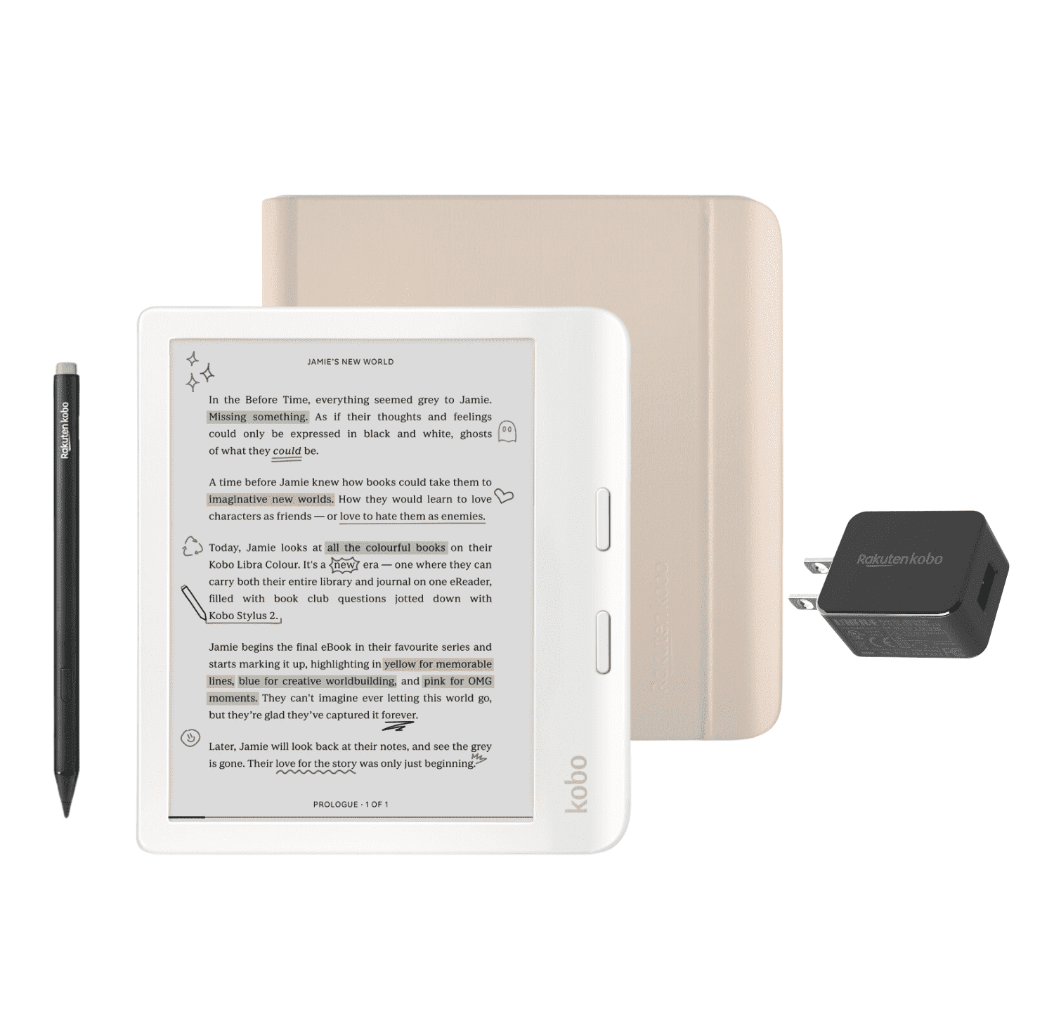 Kobo Libra Colour White eReader with Clear Case, Stylus & AC 