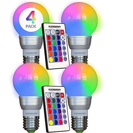 Kobra LED Color Changing Light Bulb with Remote Control 4-Pack - 16 Different Color Choices Smooth, Fade, Flash or Strobe Mode - Smart Remote Lightbulb - RGB & Multi Colored - Makes a Perfect Gift