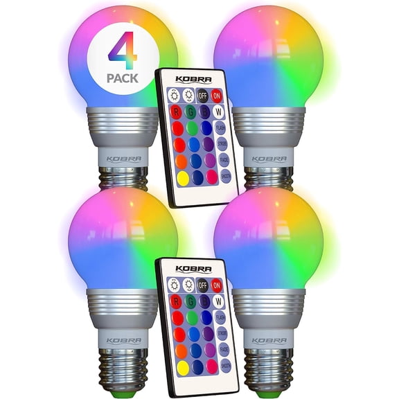 Kobra LED Color Changing Light Bulb with Remote Control (4-Pack) - 16 Different Color Choices Smooth, Fade, Flash or Strobe Mode - Smart Remote Lightbulb - RGB & Multi Colored