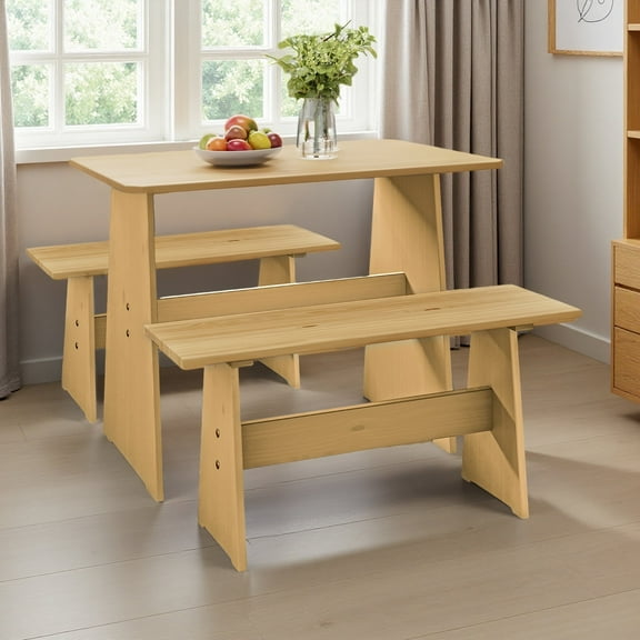 Koby Home 3 Piece Casual Dining 2-Tone Natural/Natural Solid Pine Wood Kitchen Table Set with 2 Benches, Kitchen Dining Set