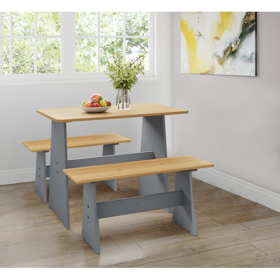 Koby Home 3 Piece Casual Dining 2-Tone Grey Solid Pine Wood Kitchen Table Set with 2 Benches, Kitchen Dining Set
