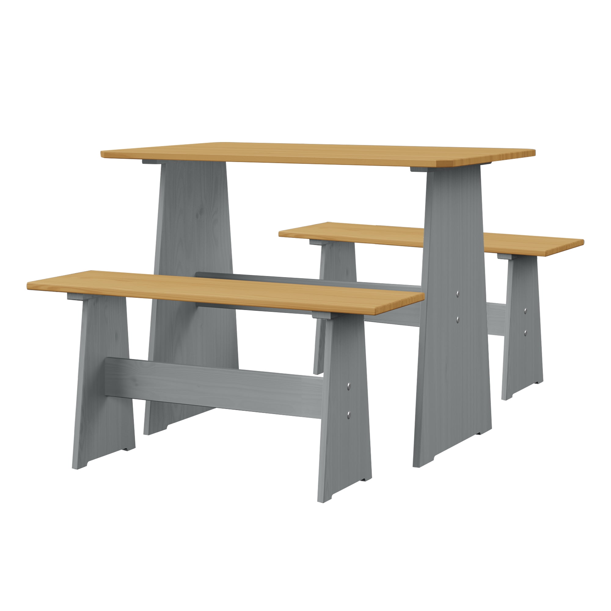 Koby Home 3 Piece Casual Dining 2-Tone  Solid Pine Wood Kitchen Table Set with 2 Benches, Kitchen Dining Set Grey  Brown