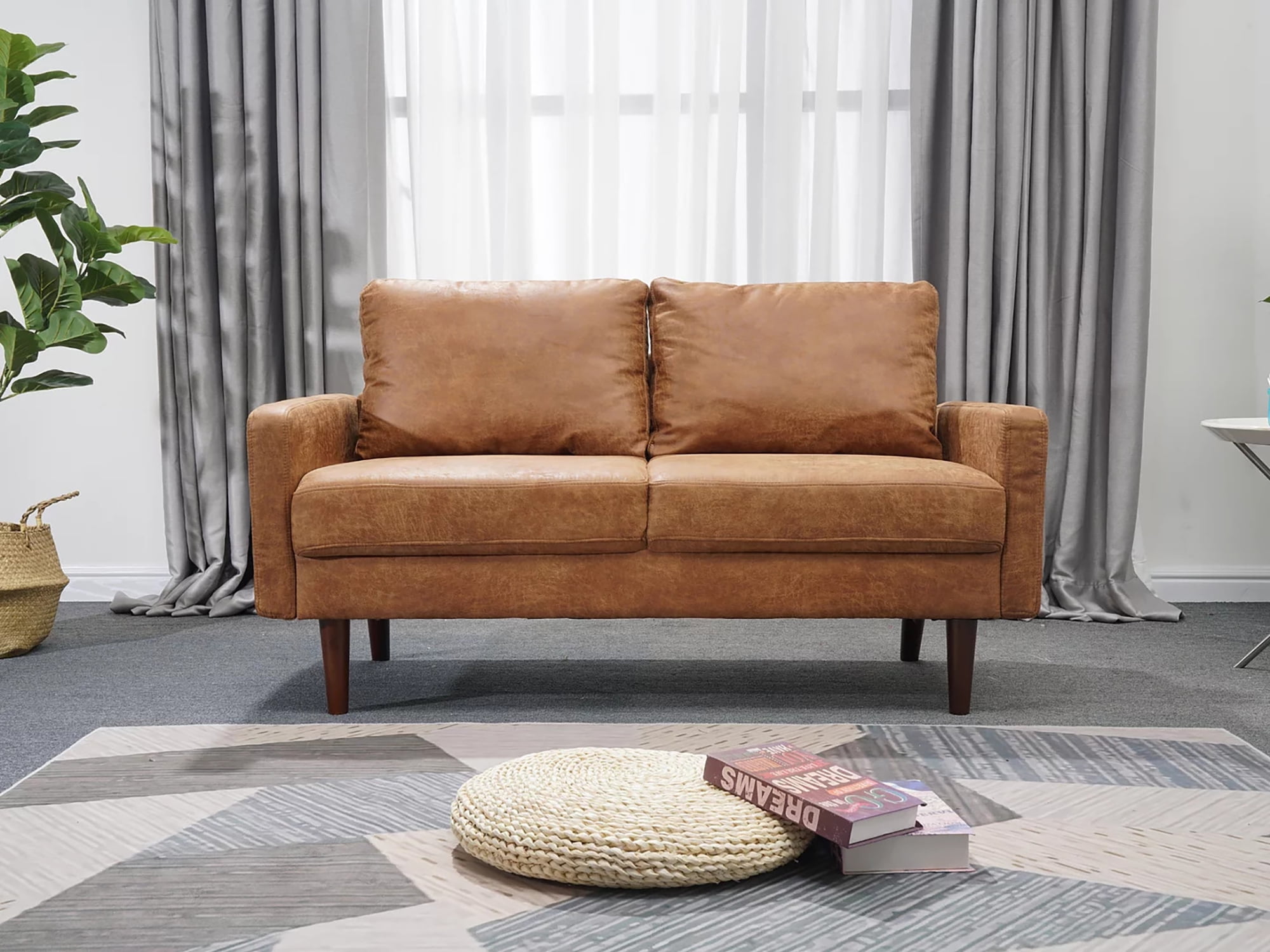 Koby Home 58" Loveseat Couch, Mid-Century 2 Seater Sofa Faux Leather ...