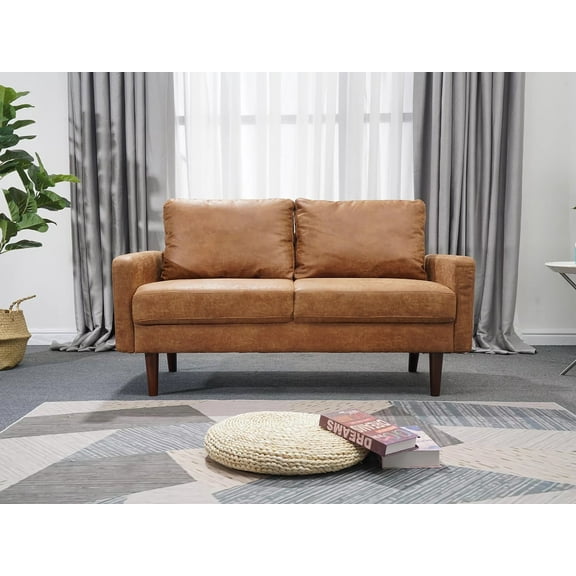 Koby Home 58" Loveseat Couch, Mid-Century 2 Seater Sofa Faux Leather Couches for Small Space Sofas Camel Brown