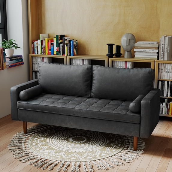 Koby Home 70" Loveseat Sofa with Wood Frame, Mid Century Modern Couch 2 Seater, Faux Leather Love Seat for Small Spaces Charcoal Black