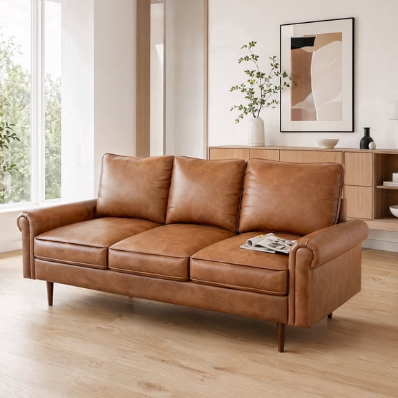 Koby Home 74" Loveseat Couch, Small Space 3 Seater Faux Leather Mid-Century Sofa, Brown