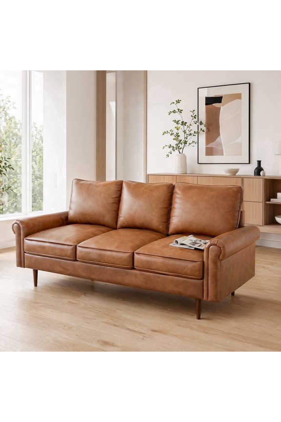 74" Loveseat Couch, Small Space 3 Seater Faux Leather Mid-Century Sofa, Brown