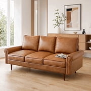 Koby Home 74" Loveseat Sofa with Wood Frame, Mid Century Modern Couch 3 Seater, Faux Leather Love Seat for Small Spaces Brown
