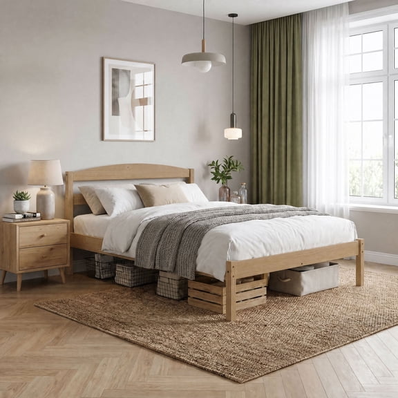 Koby Home Bed Frame with Headboard, Wood Slat Support, No Box Spring Needed, Under Bed Storage, Easy Assembly, Full, Oak
