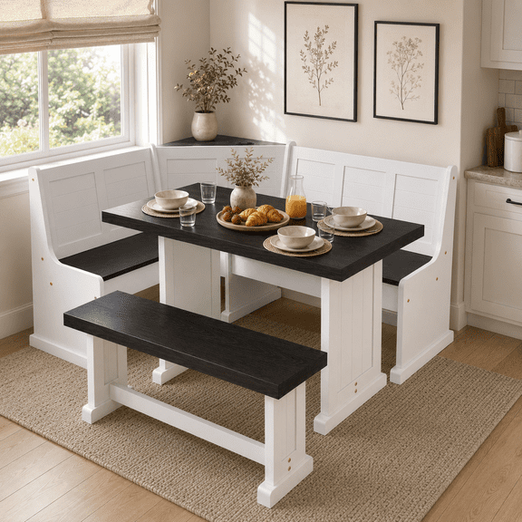 Koby Home Breakfast Nook Dining Set with Power Outlet and Storage Benches, Corner Kitchen Table Set for Small Spaces, White and Black