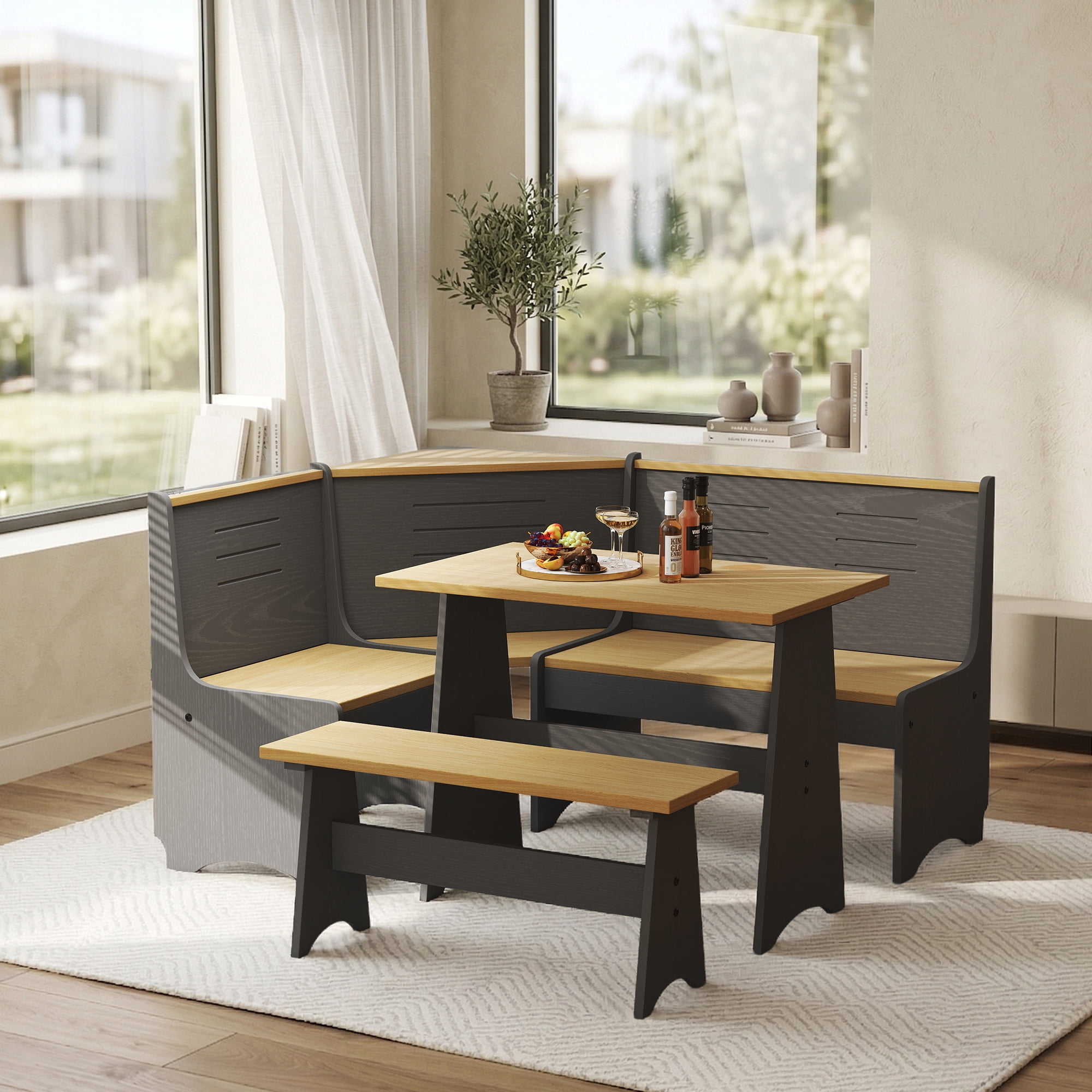 Koby Home Breakfast Nook Table Set, Storage Farmhouse Corner Kitchen Dining Table with  L-Shape Bench Chairs, Black Wood