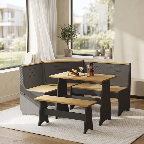 Koby Home Breakfast Nook Table Set, Storage Farmhouse Corner Kitchen Dining Table with  L-Shape Bench Chairs, Black Wood