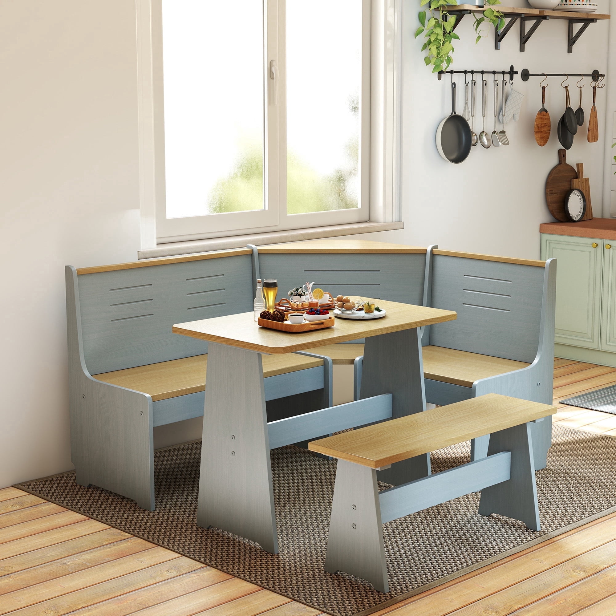 Koby Home Breakfast Nook Table Set, Corner Dining Table with L-Shape Bench Chairs, Farmhouse Kitchen Dining Nook Grey Wood
