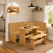 Koby Home Breakfast Nook Table Set, Storage Solid Farmhouse Corner Kitchen Dining Table with L-Shape Bench Chairs, Natural Wood