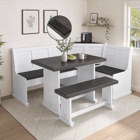 Koby Home Breakfast Nook Table Set with Charging Port, Cedar Wood Storage Bench for Kitchen, White