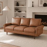 Koby Home Faux Leather Sofa with Round Armrest, Mid-Century 74" 3 Seater Couches Camel Brown