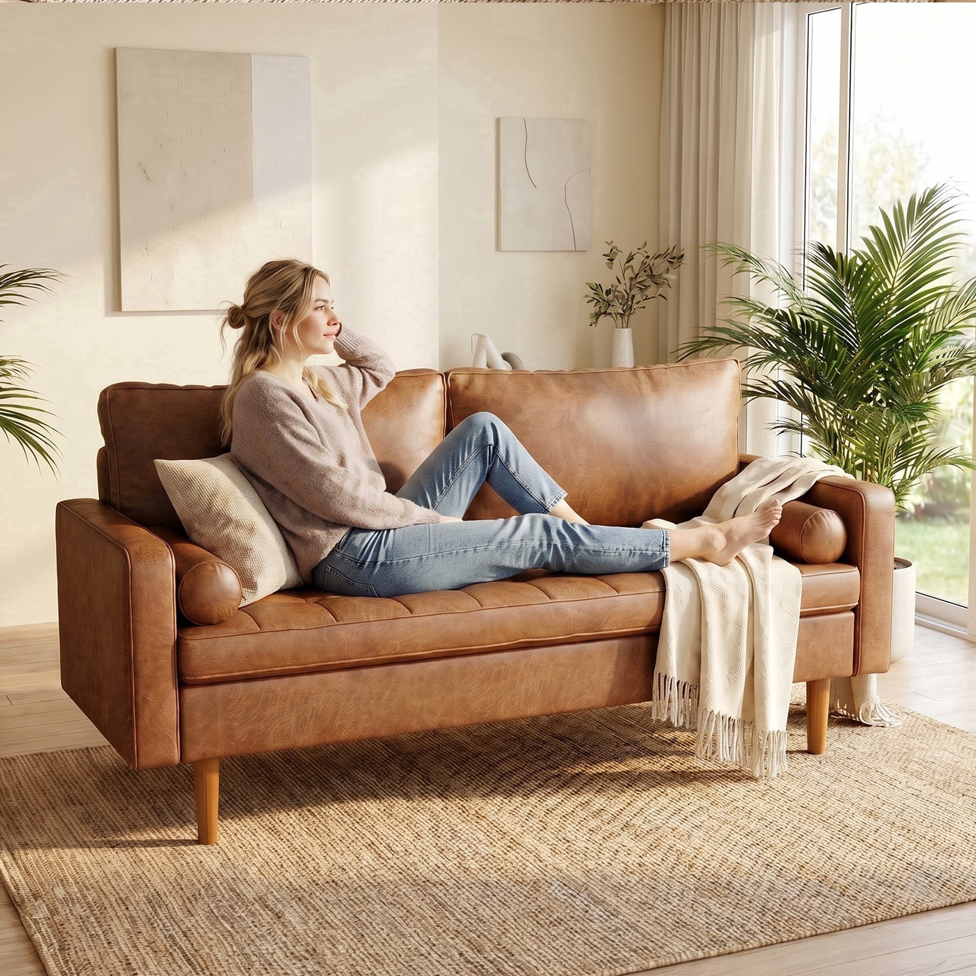 Koby Home Faux Leather Sofa, Mid-Century 70" 3 Seater Couches Camel Brown