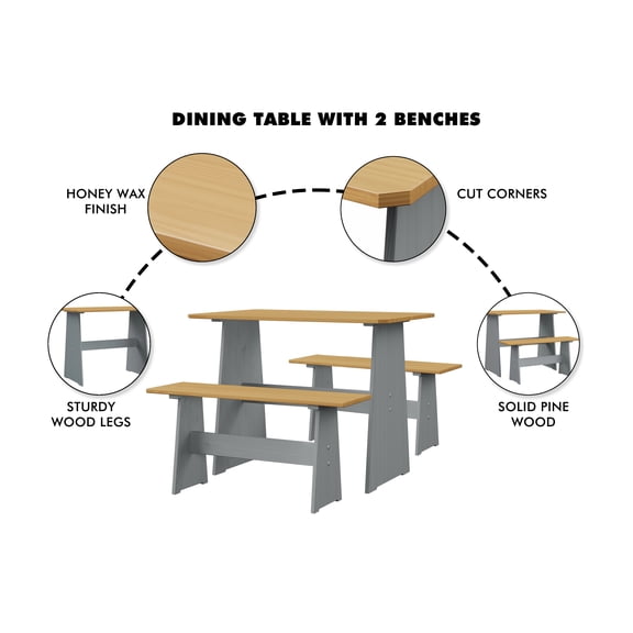Koby Home Grey 3-Piece Casual Dining Set, Solid Pine Wood 2-Tone Kitchen Table and 2 Benches