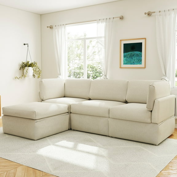 Koby Home Reversible Modular Corner Sectional Sofa Set – 4pc Couch with Ottoman, Beige for Living Room